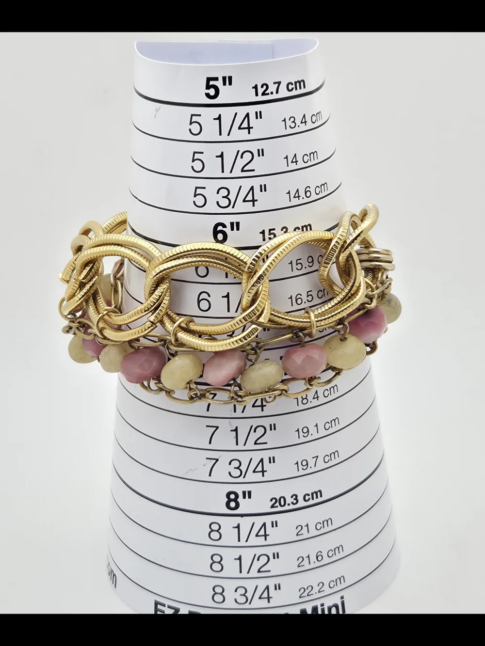 Vintage Multi-Strand Statement Bracelet Gold Tone Chunky Link Pink Cream Glass